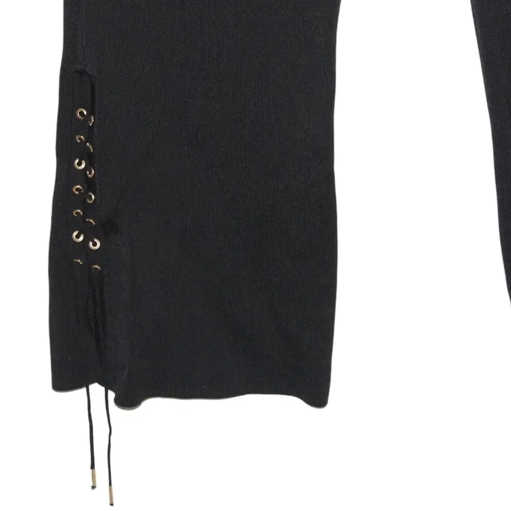 Vintage Escada Black Ribbed Knit Pants w/ Lacing Detail Size 46 XL